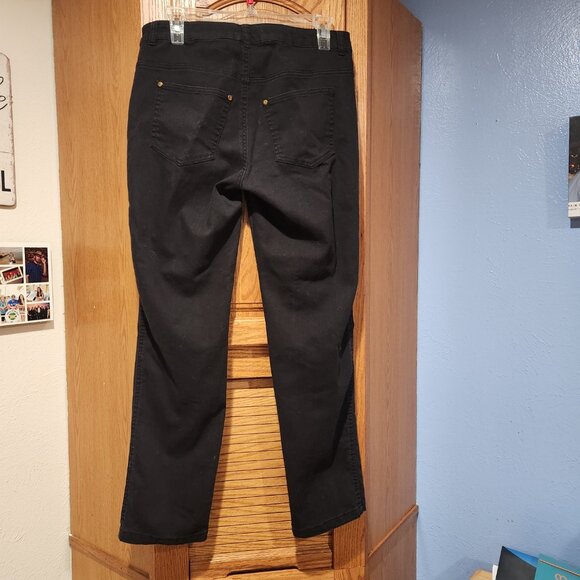 IMAN Women's Gold Buttons Pants Size M Solid Black Straight Leg Stretch Jeans - Picture 8 of 9